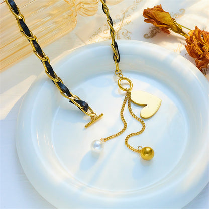 Black leather rope woven chain necklace