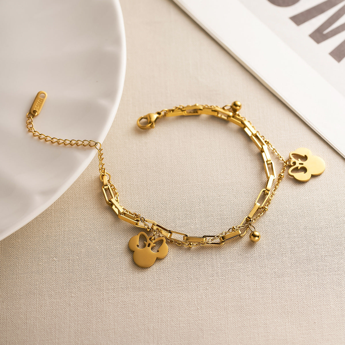 Women's Double-Layer Titanium Steel Hollow Butterfly Bracelet with Mickey Pendant — Non-Fading