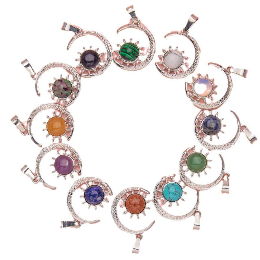 Crystal Agate Moon Sun Alloy Inlay Pendant