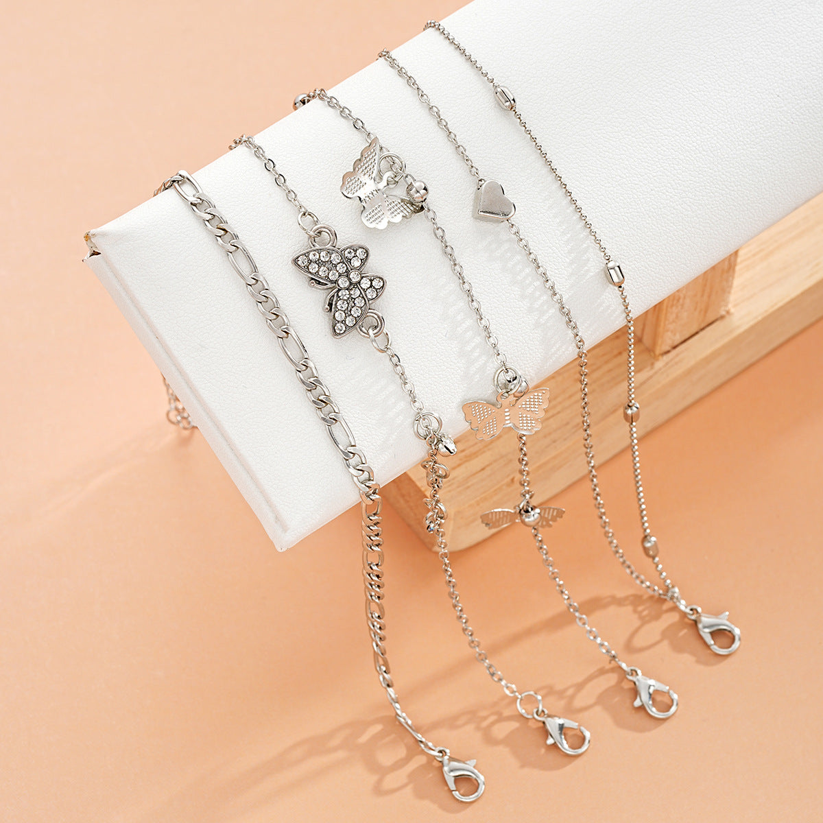 4-Piece Butterfly Bead Heart Anklet Set