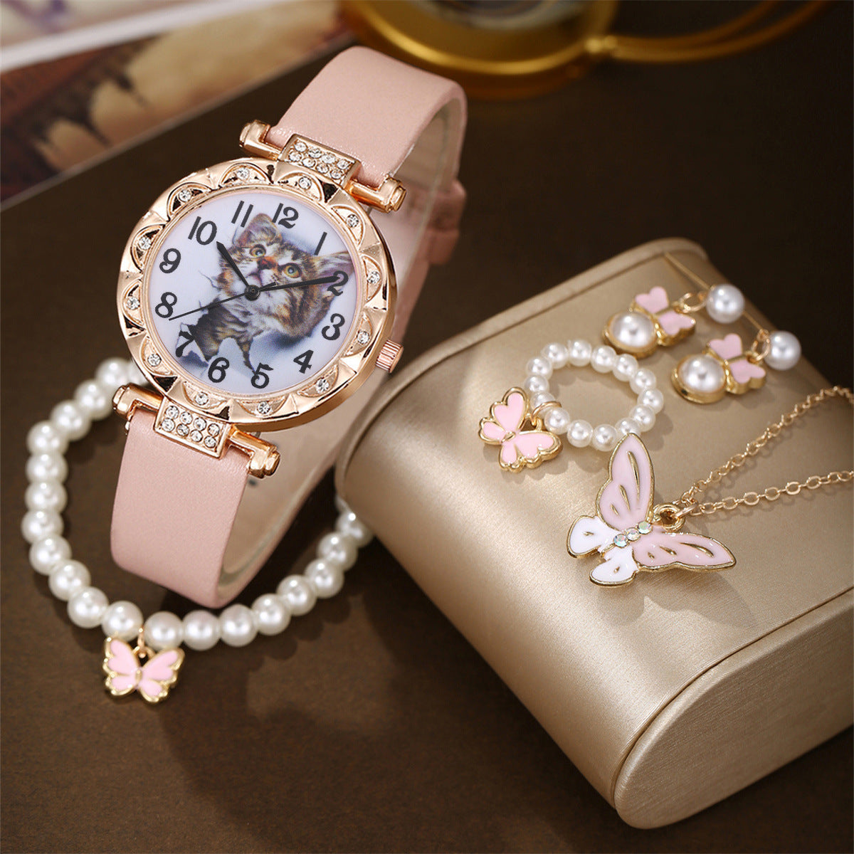 Cute cat watch pearl butterfly jewelry set