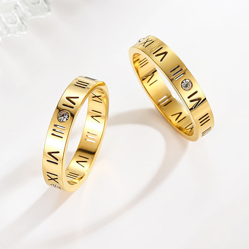 18K Gold-Plated Titanium Steel Roman Ring with Four Diamonds — Anti-Fade