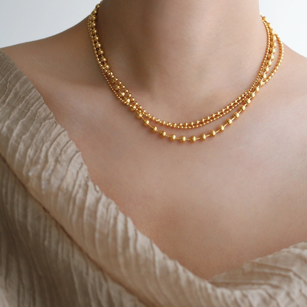 Multi-layer 2mm Bead Cuban Collarbone Necklace — 18K Gold-Plated Titanium Steel
