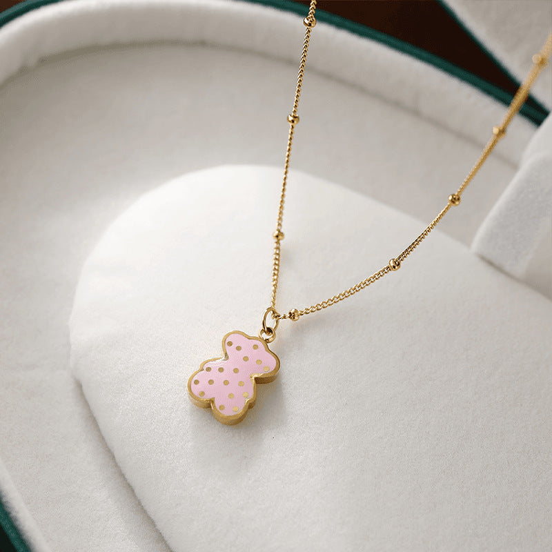 Polka dot pink bear necklace