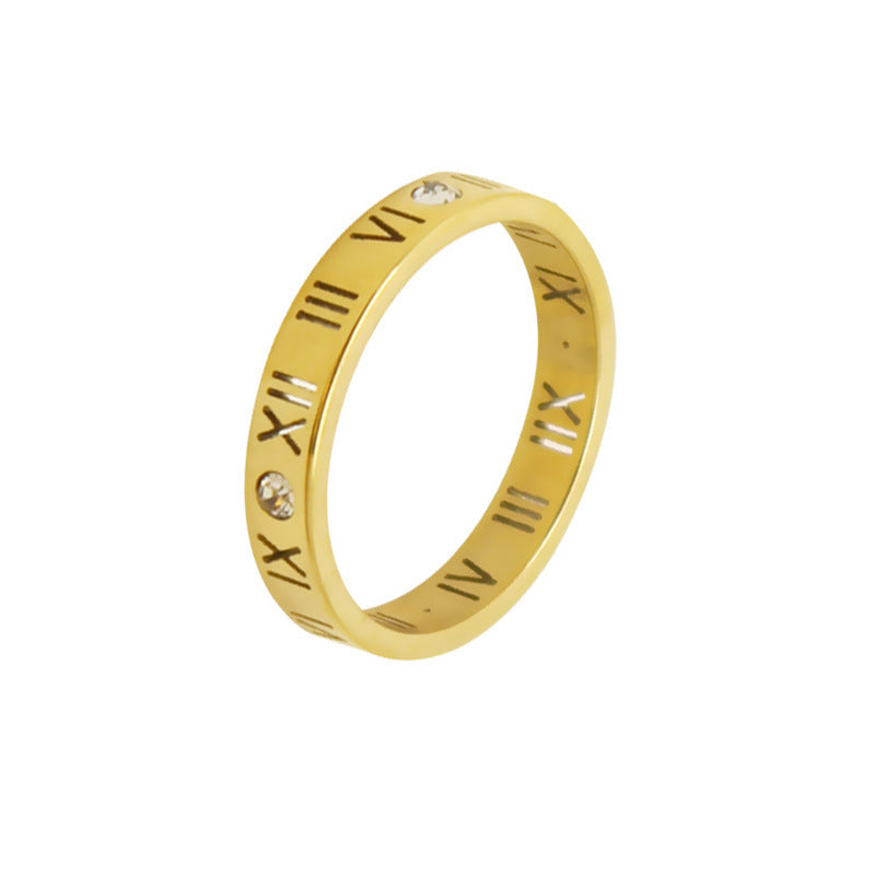 18K Gold-Plated Titanium Steel Roman Ring with Four Diamonds — Anti-Fade