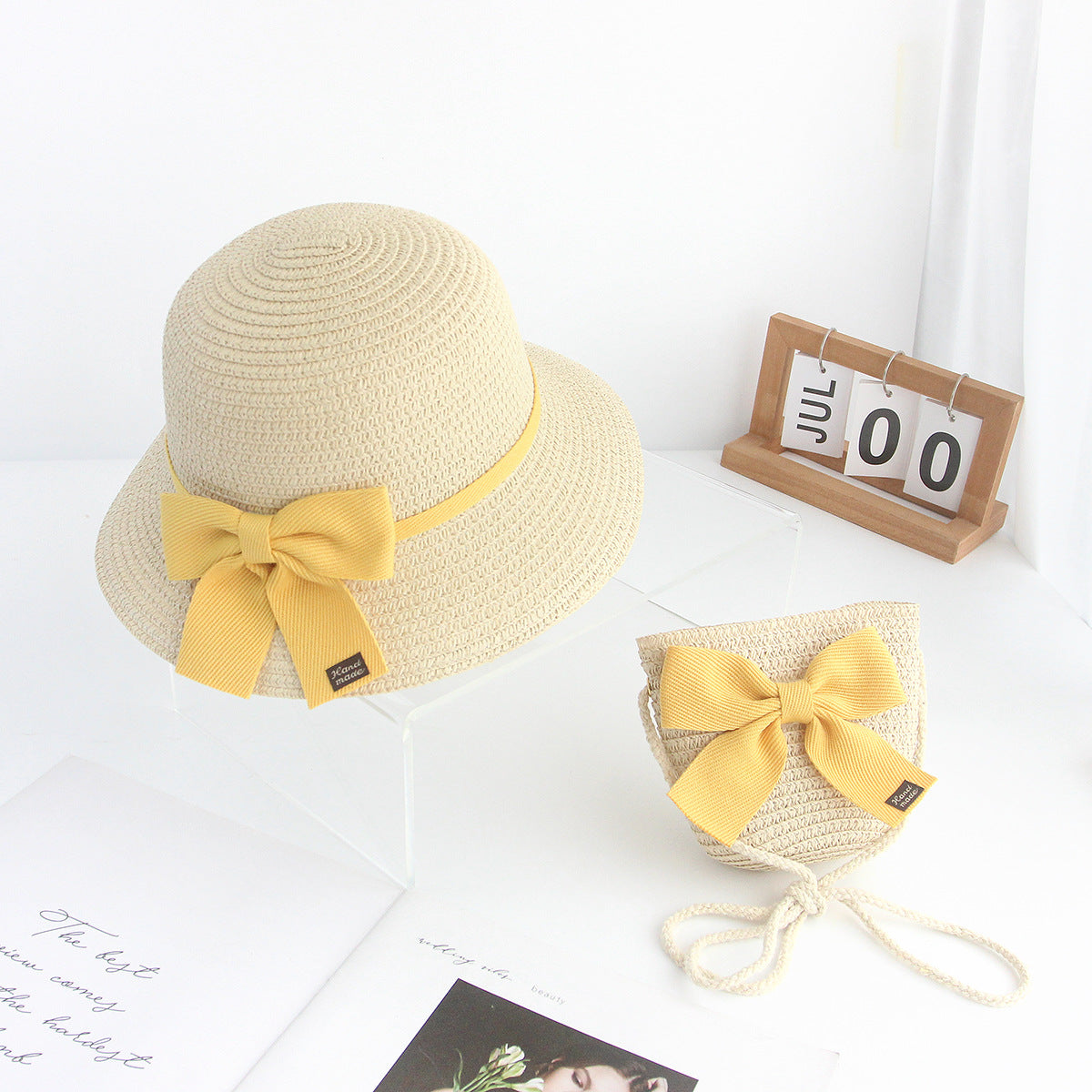 Straw Sun Hat for Kids Lace Bow 2-Piece Set