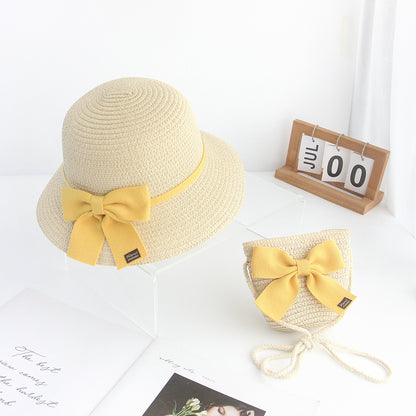 Straw Sun Hat for Kids Lace Bow 2-Piece Set