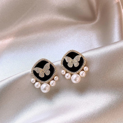 Black square butterfly stud earrings