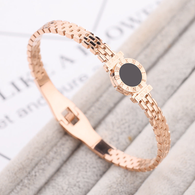 Women's 18K Rose Gold-Plated Titanium Steel Roman Numeral Bracelet — Non-Fading Minimalist