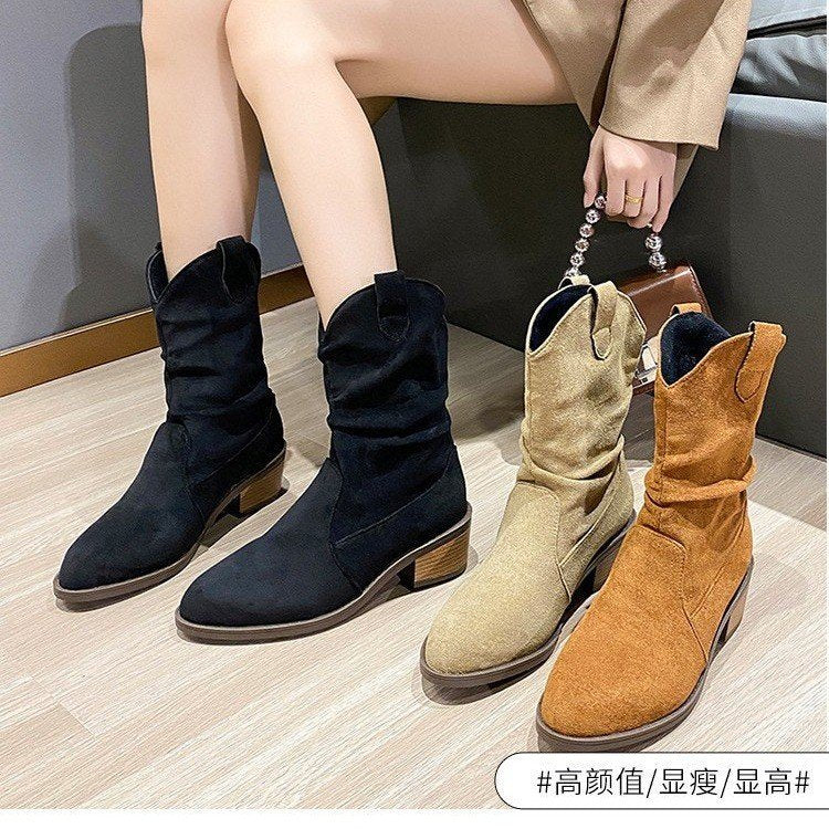 Cattle suede pointed short tube thick heel medium boots