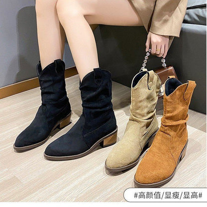 Cattle suede pointed short tube thick heel medium boots