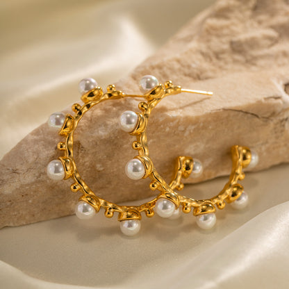 C-Shaped Stainless Steel Pearl Earrings