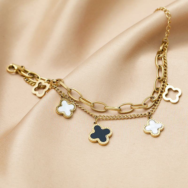 Women's 18K Rose Gold Titanium Steel Double-Chain Four-Leaf Clover Bracelet