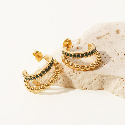 C-shaped double-layer green diamond earrings