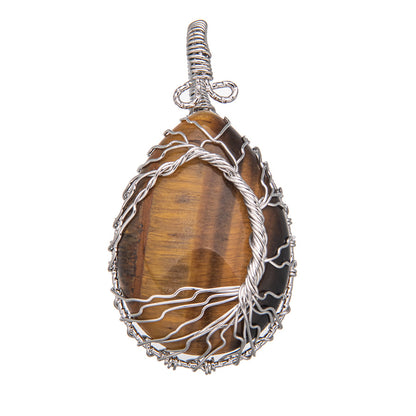 Crystal Silver Wire Wrap Tiger Eye Rose Quartz Pendant