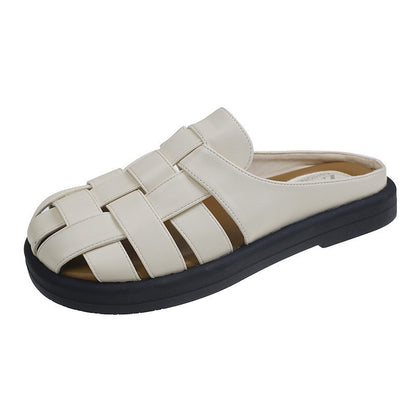 Soft leather half slippers women's new retro weaving