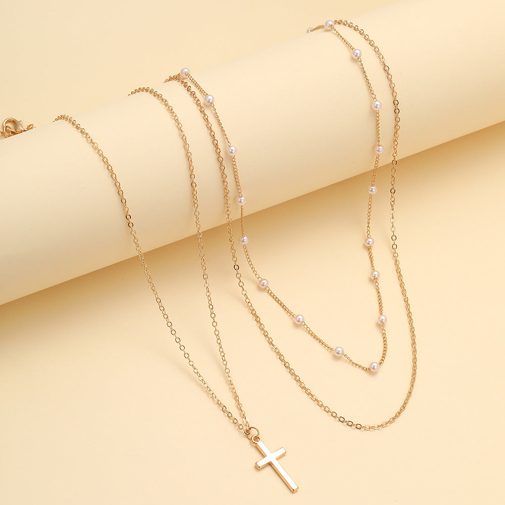 Multi-Layer Pearl Cross Necklace
