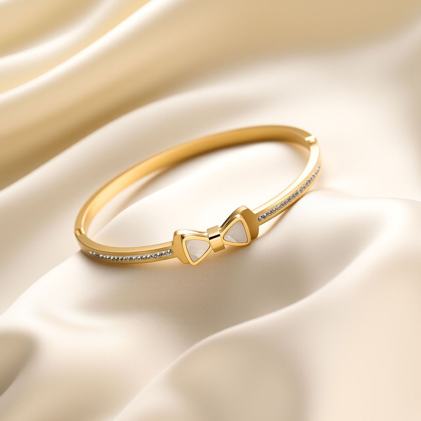 Titanium Steel Bow Bracelet with White Shell & Crystal Clasp