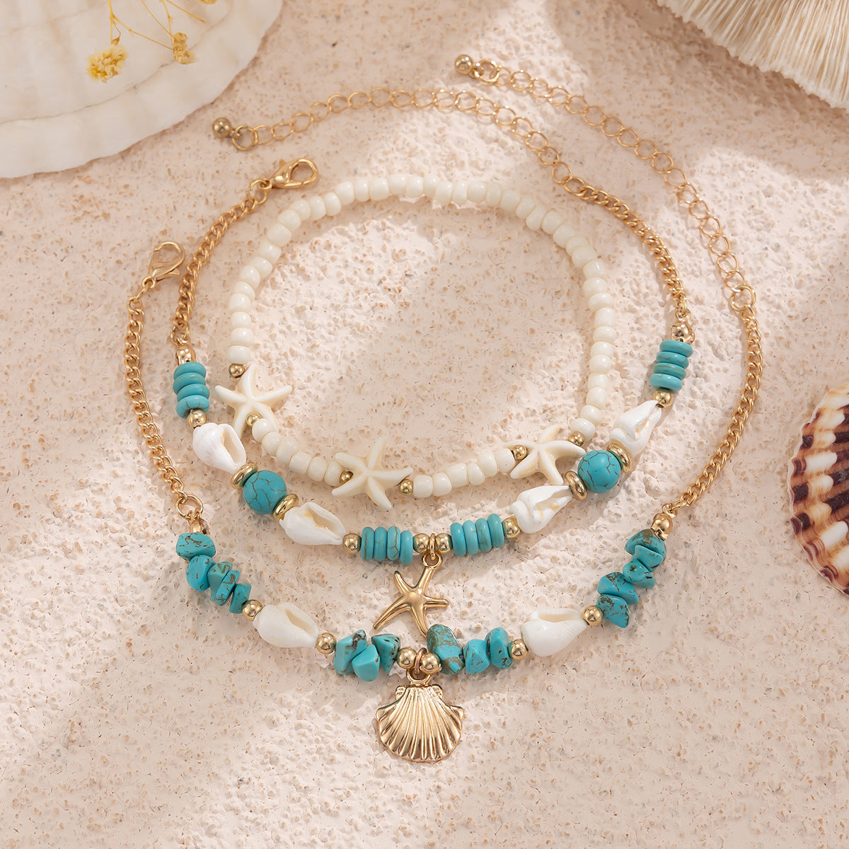 Starfish multi-layer rice bead anklet