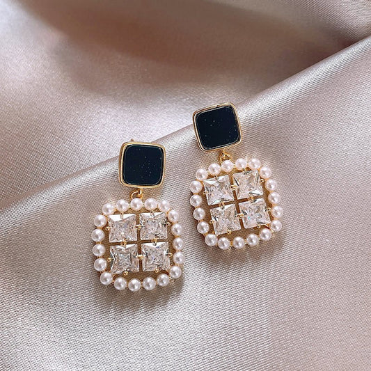 Square pearl stud earrings women's retro