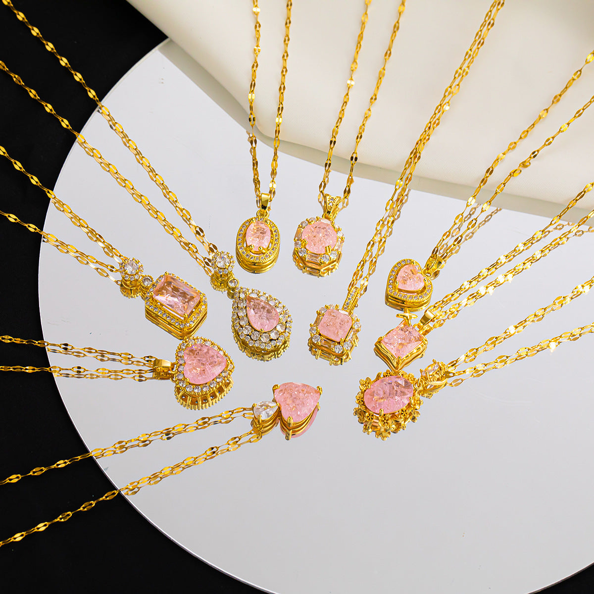 Pink diamond copper plated real gold titanium steel necklace