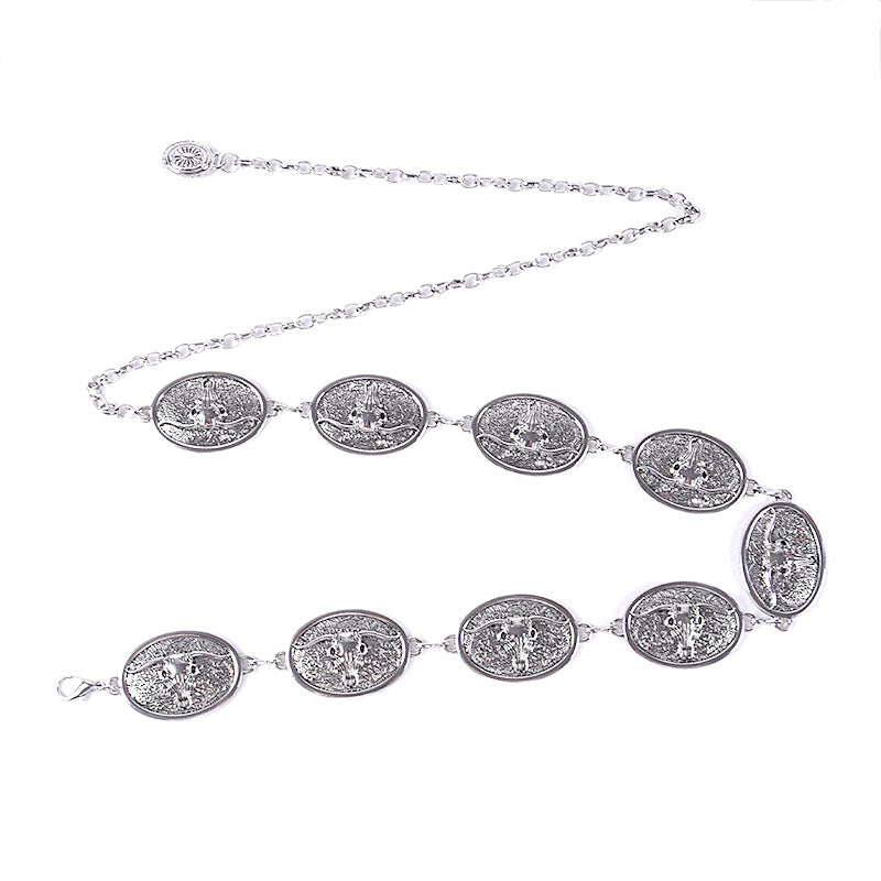 Oval buckle bull head metal chain waist chain