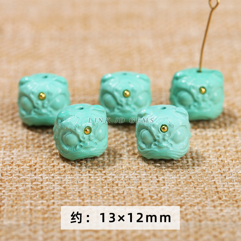 Cuentas sueltas con grabado de cabeza de león de obsidiana plateada y cristal 