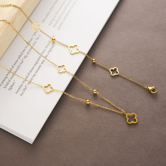 18K Gold-Plated Titanium Steel Four-Leaf Clover Necklace & Bracelet Set