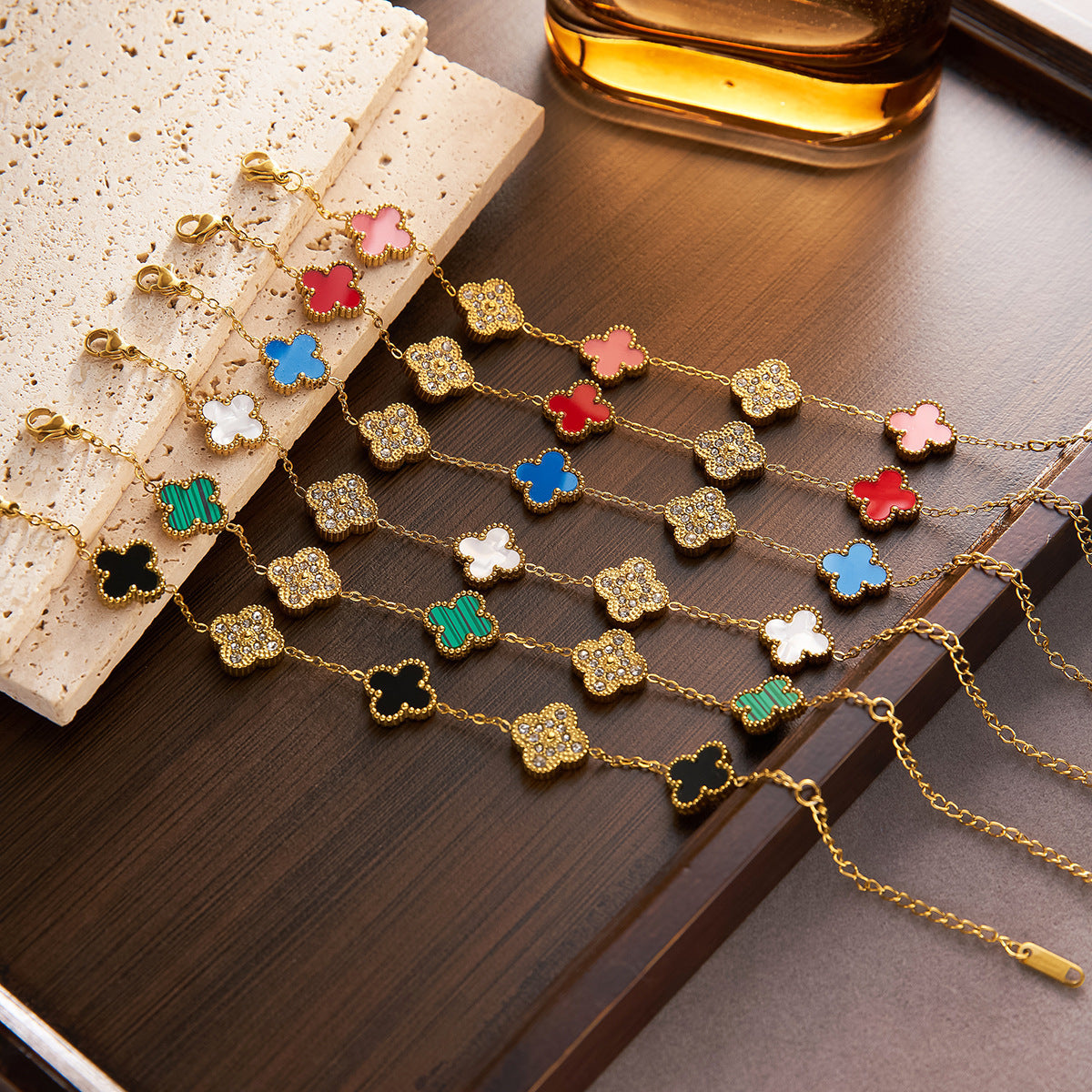 18K Gold Four-Leaf Clover Double-Sided Titanium Steel Bracelet with Diamonds