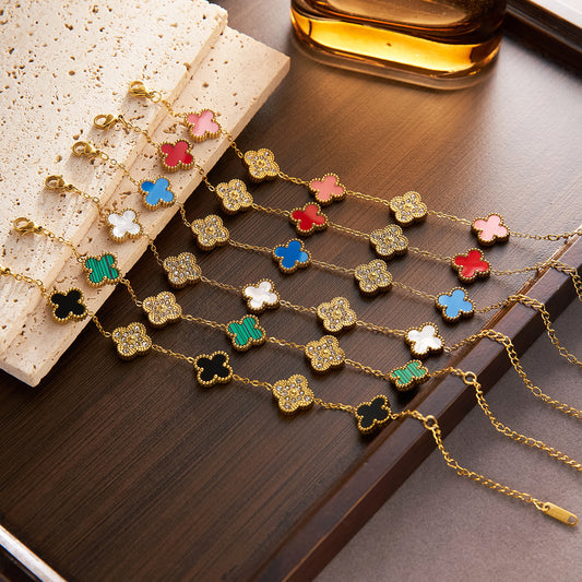 18K Gold Four-Leaf Clover Double-Sided Titanium Steel Bracelet with Diamonds