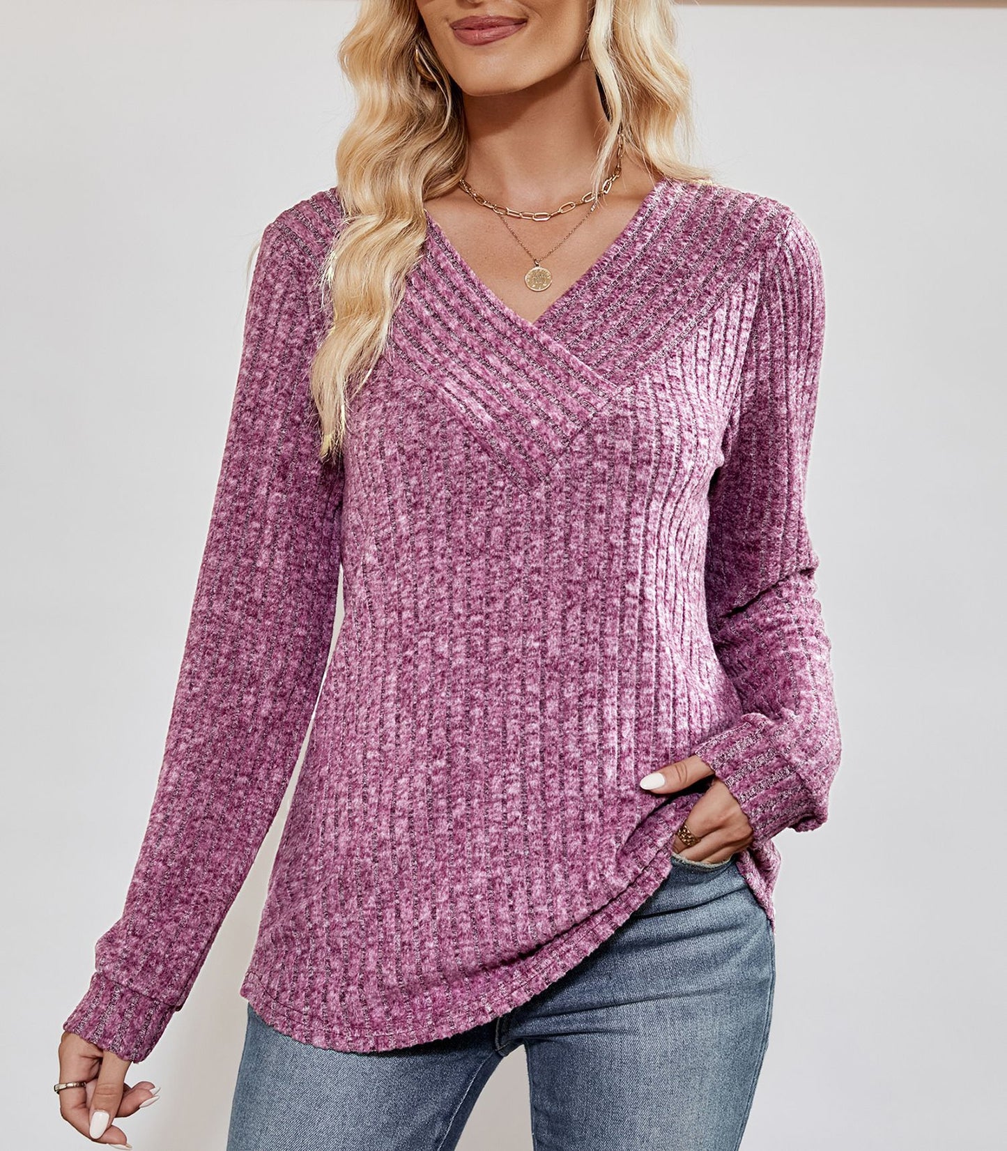 Solid color pit strip women's long-sleeved T-shirt