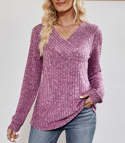 Solid color pit strip women's long-sleeved T-shirt