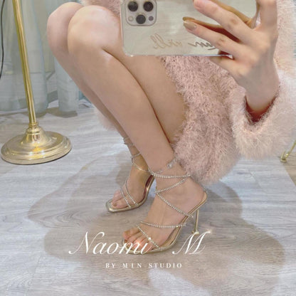Rhinestone sandals stiletto open-toed high heels