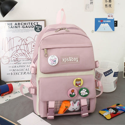 4-piece student school bag canvas contrast color backpack