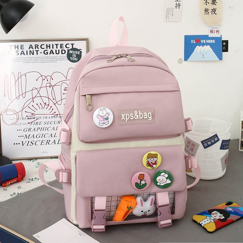 4-piece student school bag canvas contrast color backpack