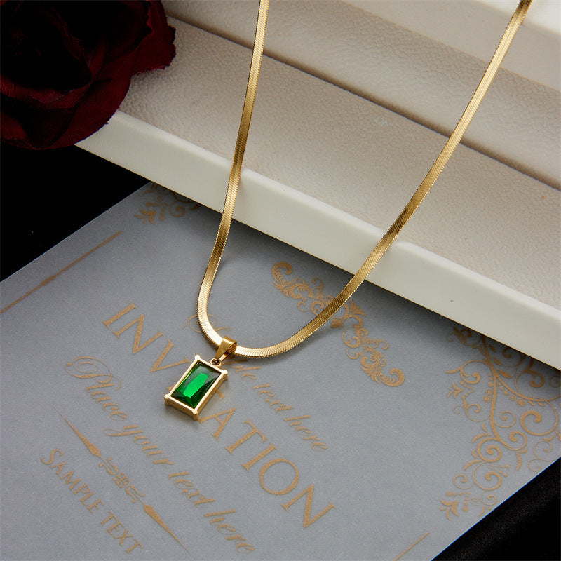 Minimalist Green Rectangular Gem Pendant Titanium Steel Snake Chain
