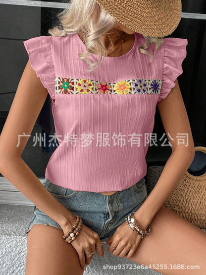 Hollow Lace Short Sleeve Shirt Top