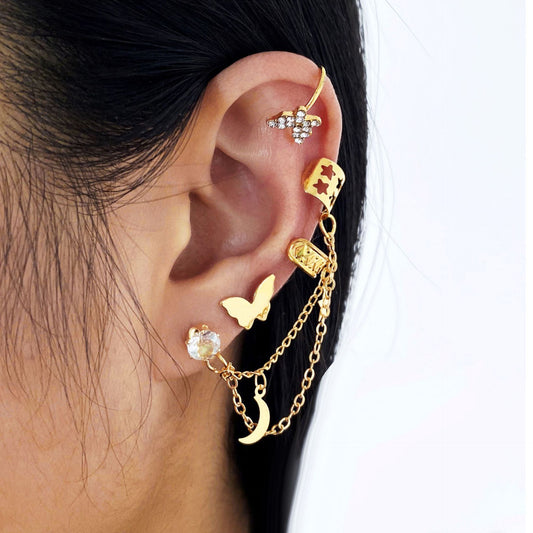 Full Diamond Butterfly & Star Moon Ear Cuff Set (4-Piece)