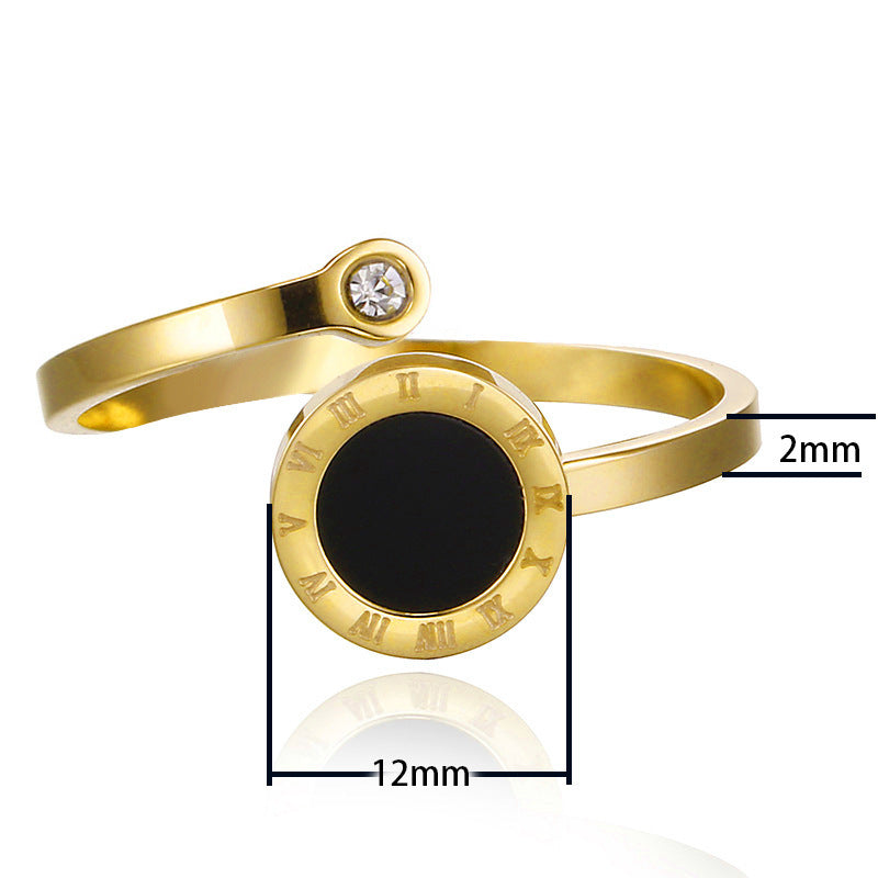 Women's Black Titanium Steel Round Ring — K-Gold Plated
