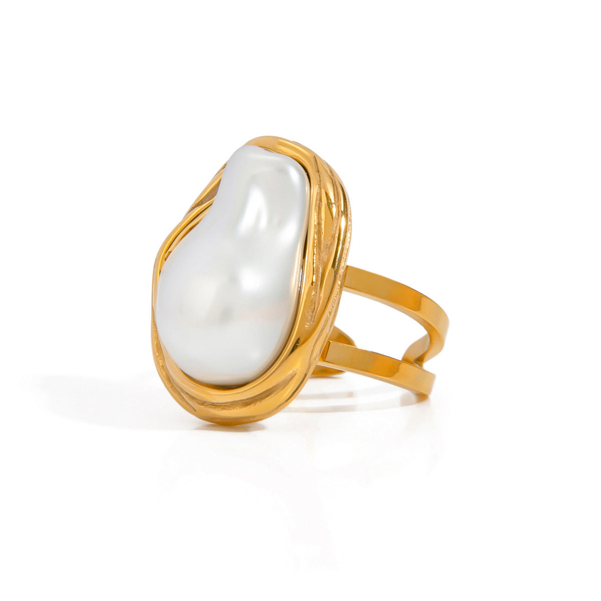 Stainless Steel Baroque Pearl Open Ring