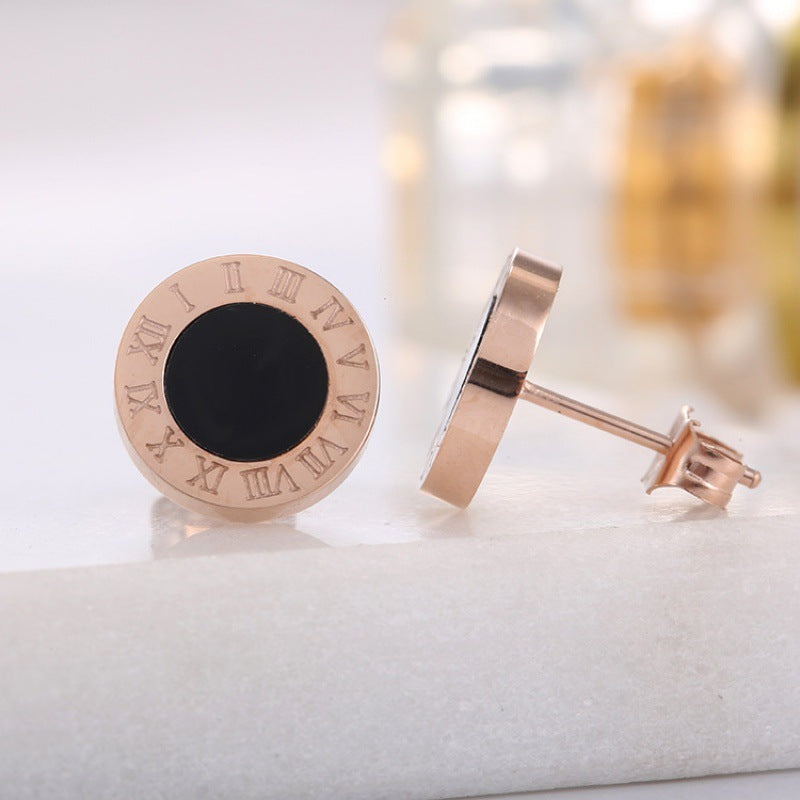 Round Black Roman Titanium Steel Stud Earrings