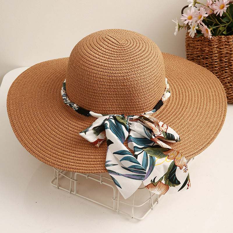 Beach Straw Hat Wide-Brim UV Protection Foldable with Bow
