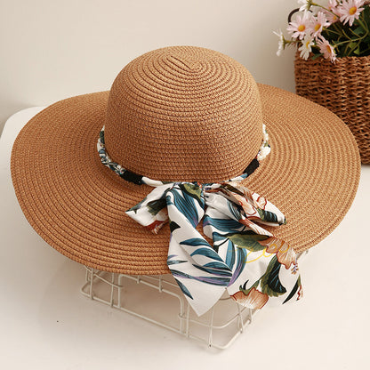 Beach Straw Hat Wide-Brim UV Protection Foldable with Bow