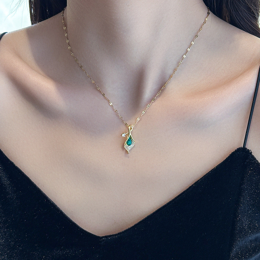 Women's Titanium Steel Rose & Pearl Collarbone Pendant Necklace