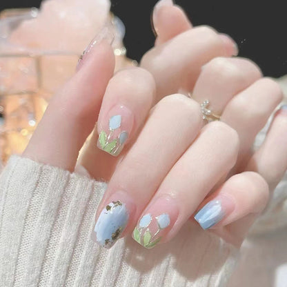 Blue Tulip Oil Painting Short Nails
