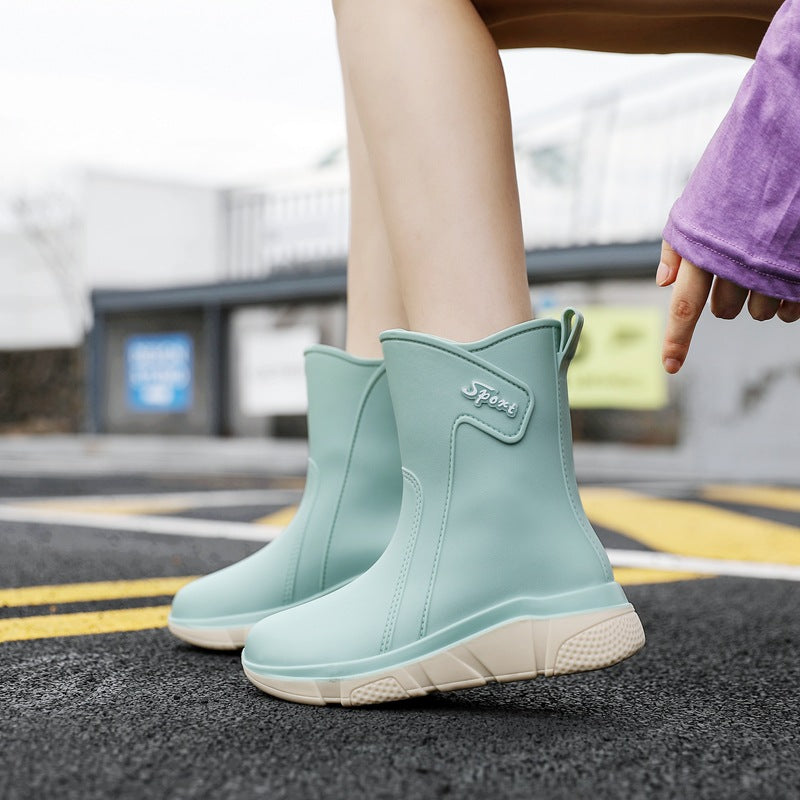 Rain boots women's middle tube outer wear thick bottom non-slip