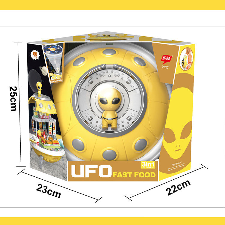 Disfraz de hamburguesa, herramientas médicas, mochila de almacenamiento con proyección de planeta OVNI, juguete para juego de imitación 