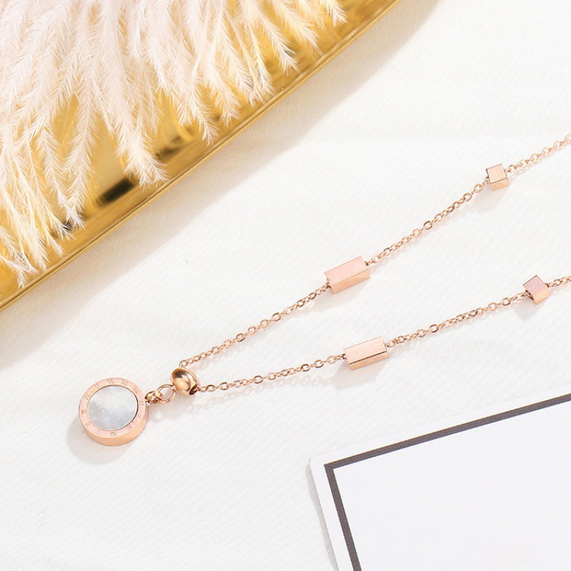 Rose Gold Titanium-Steel Double-Sided Shell Necklace with Roman Letter Pendant