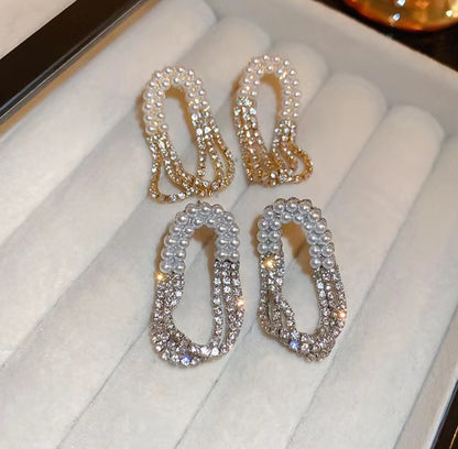 Diamond Pearl Oval Tassel Earrings