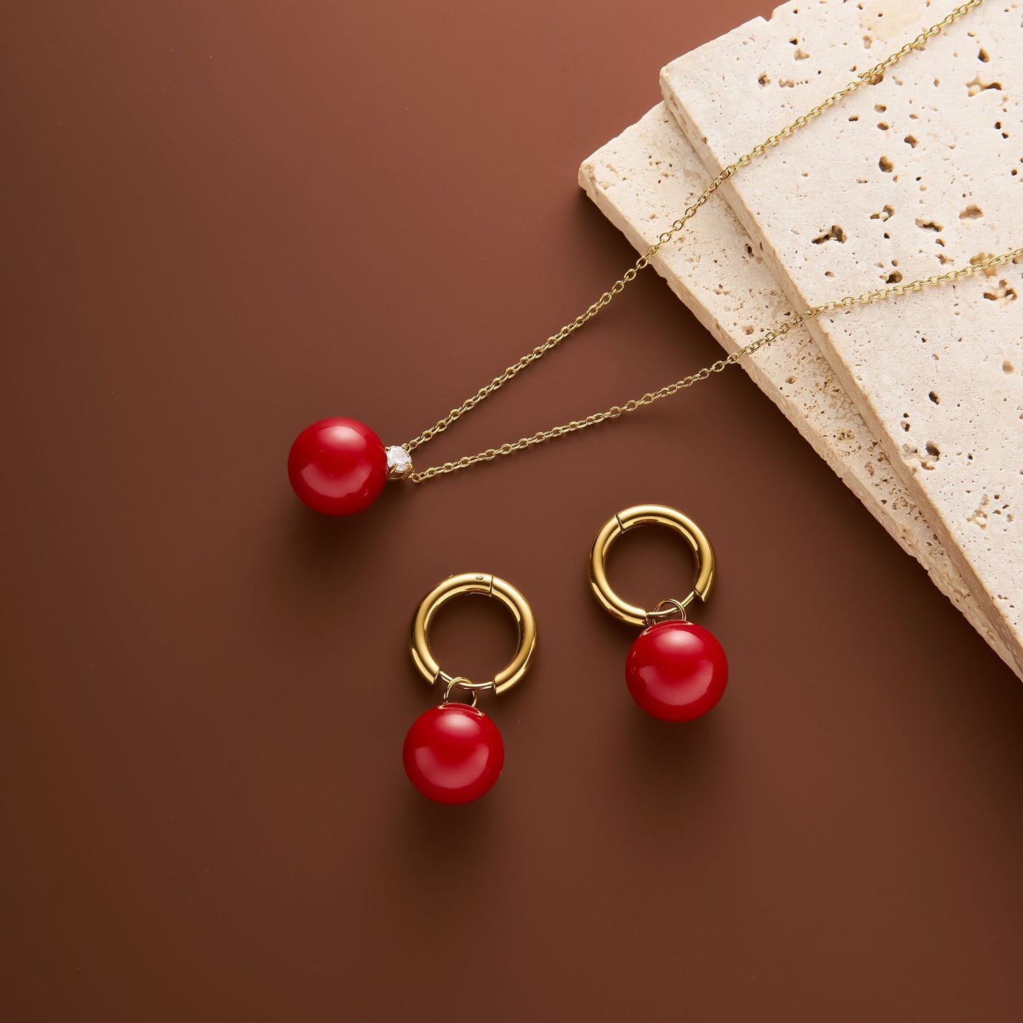 Titanium Steel Burgundy Agate Necklace & Earring Set